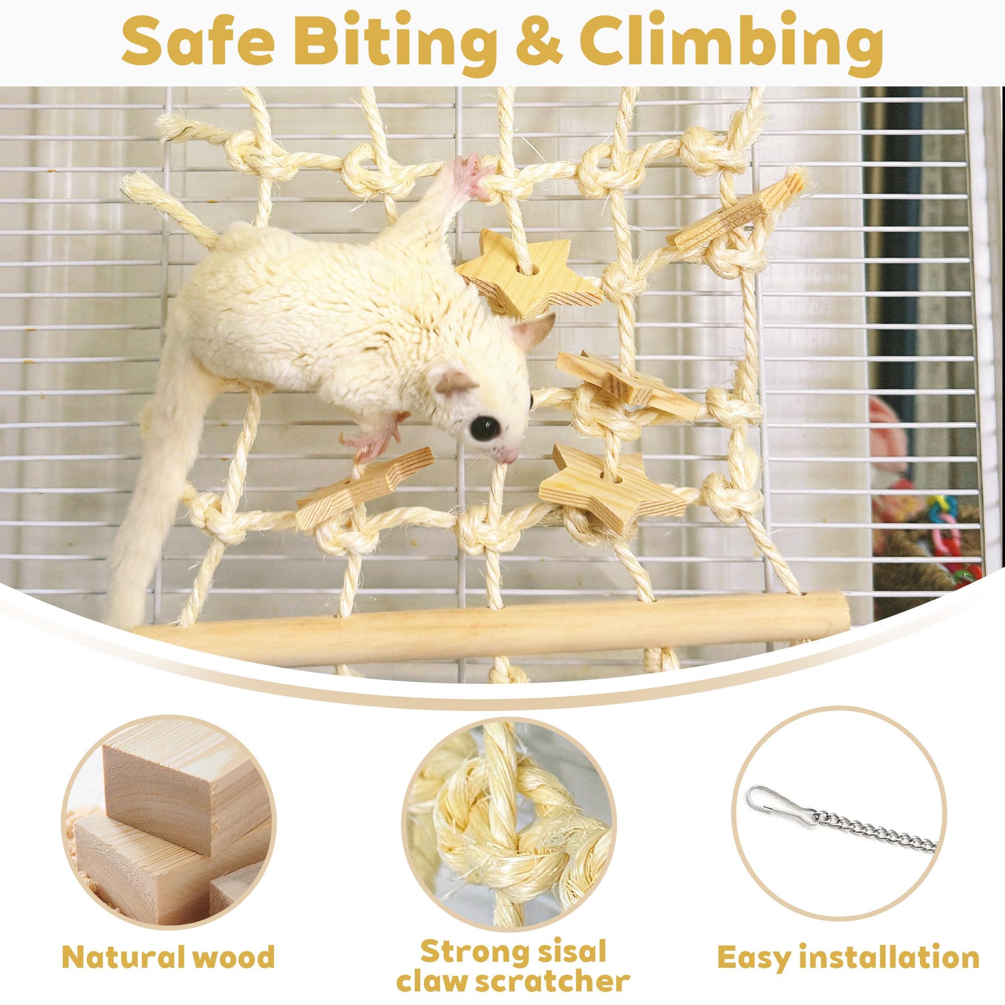 Jevnd Sugar Glider Toys, Natural Wooden & Sisal Sugar Glider Climbing Net, Hanging Toys Rat Cage Accessories, Anti-Snag Chew-Res